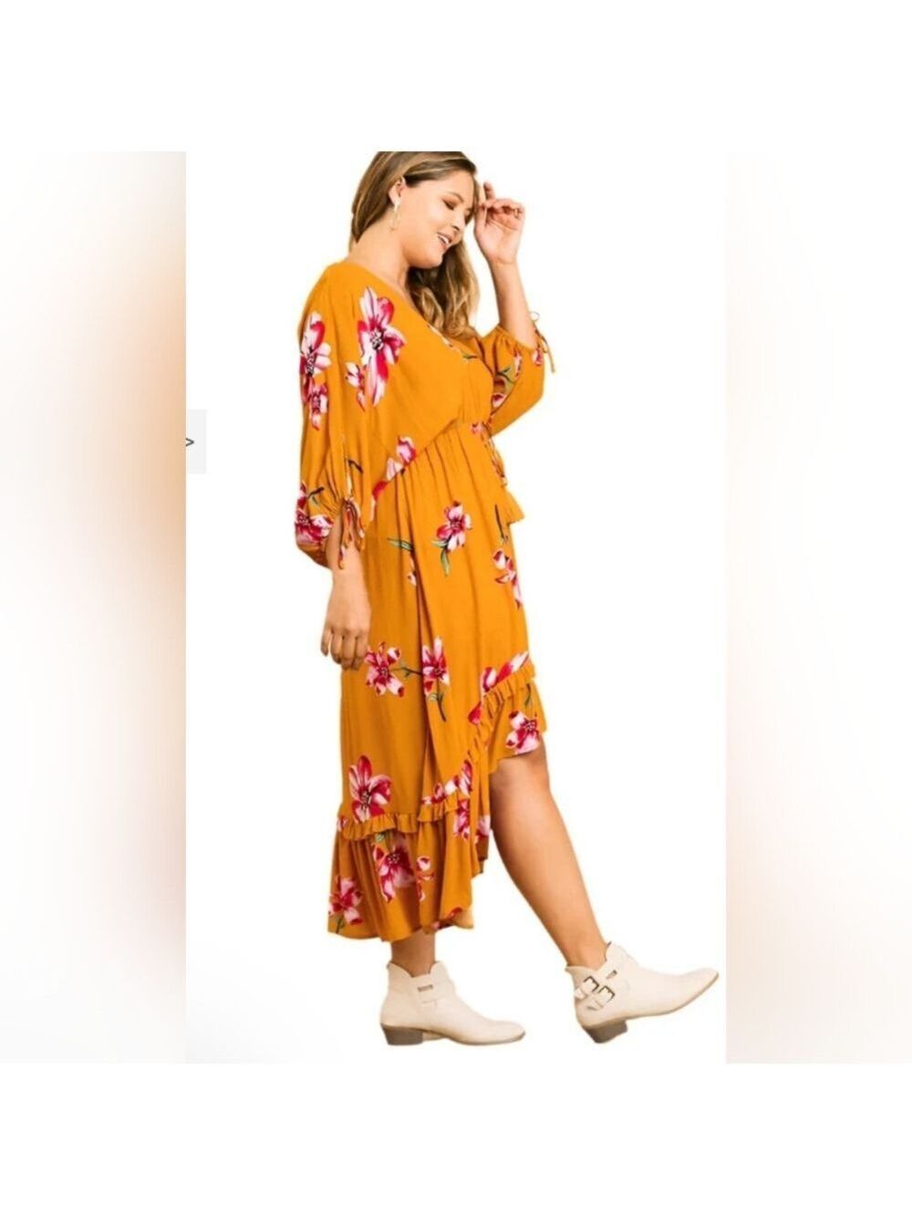 UMGEE Mustard Bohemian Ruffle Bottom Hi-Low Maxi Dress | Floral Boho Midi Dress - Picture 6 of 10